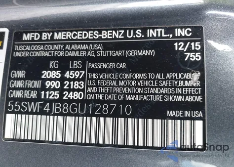 2016 Mercedes-Benz C 300 300 из США, поврежденный, VIN 55SWF4JB8GU128710